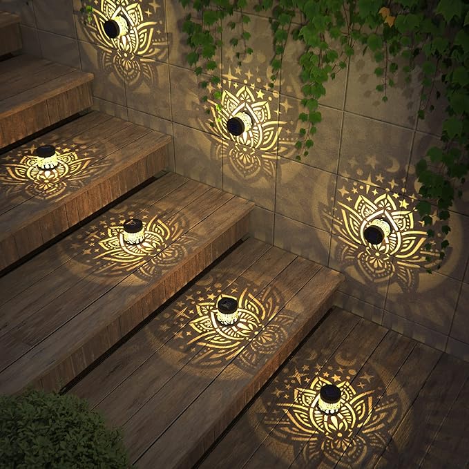 4 Pack Solar Fence Lights Metal Solar Powered Outdoor Wall Deck Lights Lotus - Image 4