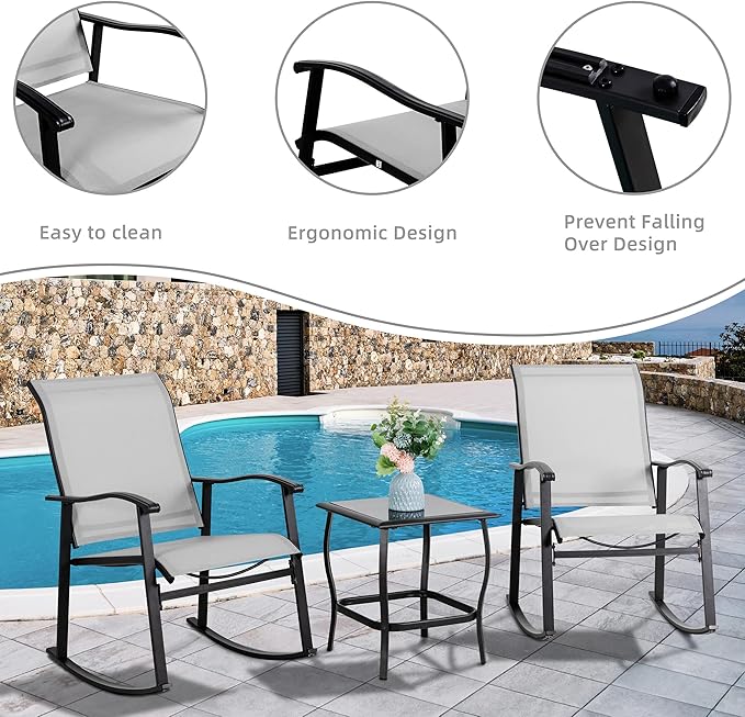 Vongrasig 3 Piece Outdoor Rocking Bistro Set, Textilene Fabric Small Patio - Image 3
