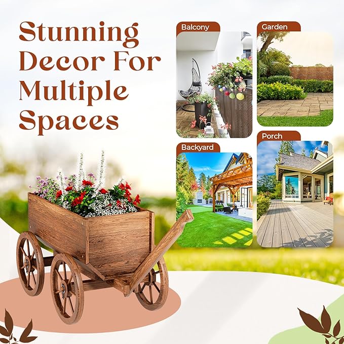 Wood Wagon Planter for Outdoor Balcony Decor - Image 6
