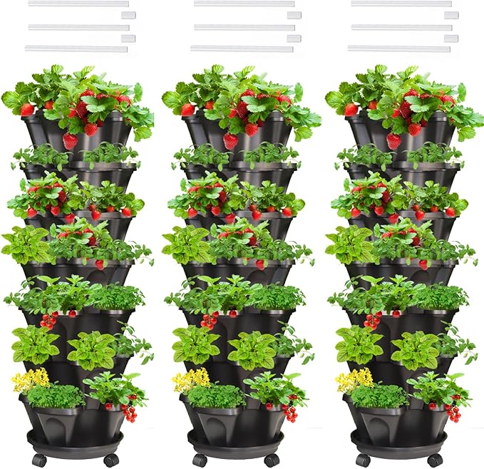 Strawberry Vertical Planters Tower Garden 3 Pack, 7 Tiered Stacking Herb by Tectsia
