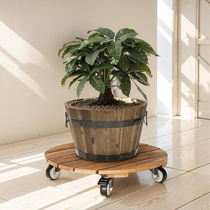 Idzo 2-Pack 14 Inch Acacia Wood Rolling Round Plant Caddy, Plant Caster - Image 7