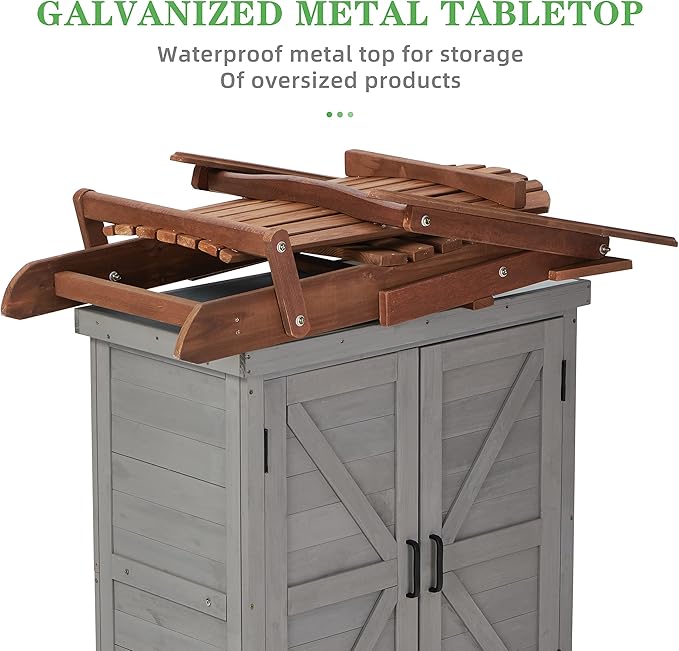 Outdoor Potting Bench with Storage Cabinet and Metal Top, Wood Workstation - Image 4