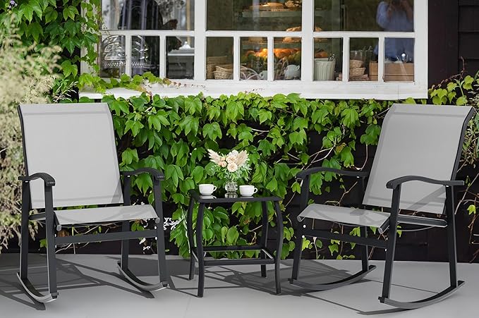 Vongrasig 3 Piece Outdoor Rocking Bistro Set, Textilene Fabric Small Patio - Image 8