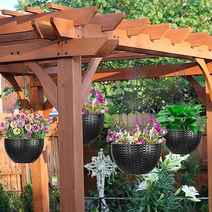 Foraineam 4 Pack Black Hanging Planters, 8.2 inch Hanging Flower Basket Planter - Image 5
