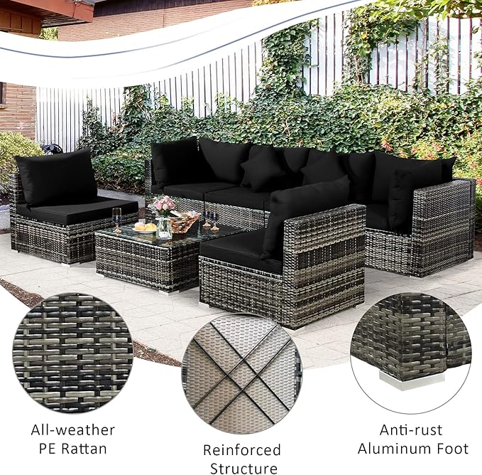 Tangkula 7 Pieces Patio Rattan Furniture Set, Patiojoy Outdoor Conversation Set - Image 6
