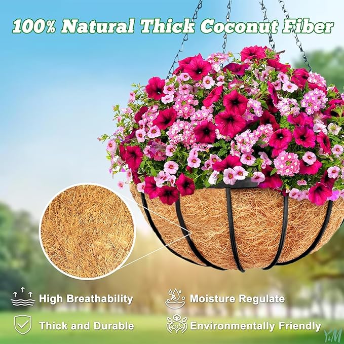 Y&M Pack of 2 12" Pre-Formed Round Coco Fiber Hanging Basket Liner, Coco - Image 6