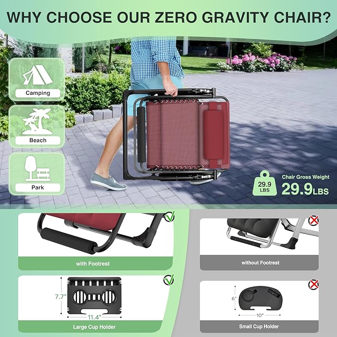 Suteck Oversized Zero Gravity Chair, 33In XXL Outdoor Recliner Chair - Image 5