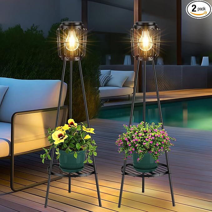2 Pack Solar Lights with Plant Stand, Outdoor Floor Lamp, Waterproof Solar LED by VISFLAIR
