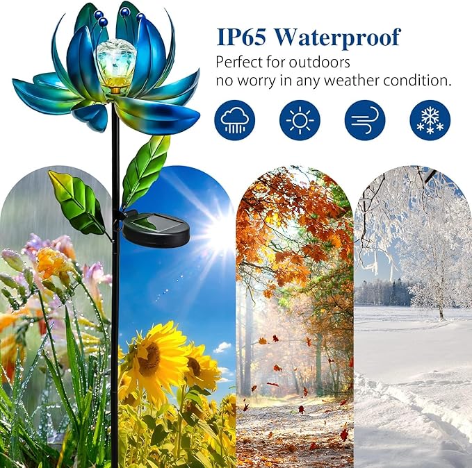 Solar Garden Lights Metal Flower Decor, Colorful Spinning Windmill Lotus - Image 6