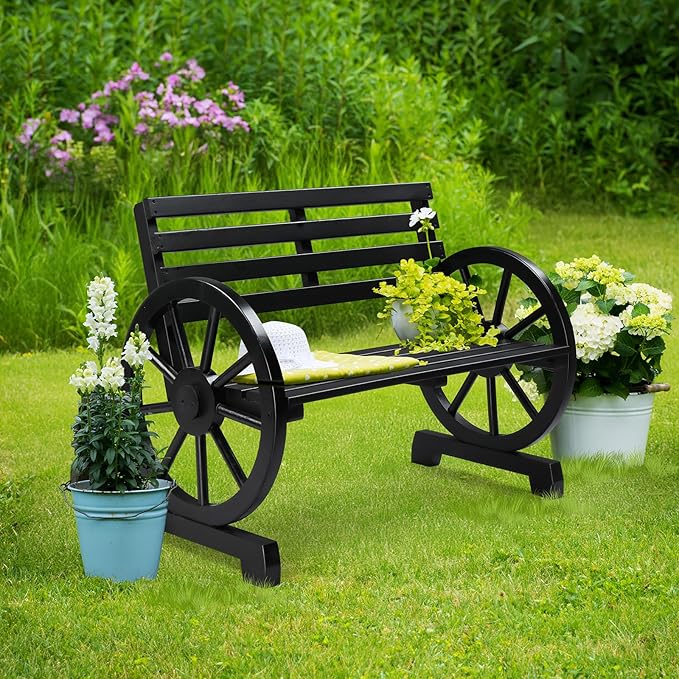VINGLI Rustic Wooden Wheel Bench Outdoor Bench, Patio Bench Wagon Slatted Seat - Image 7