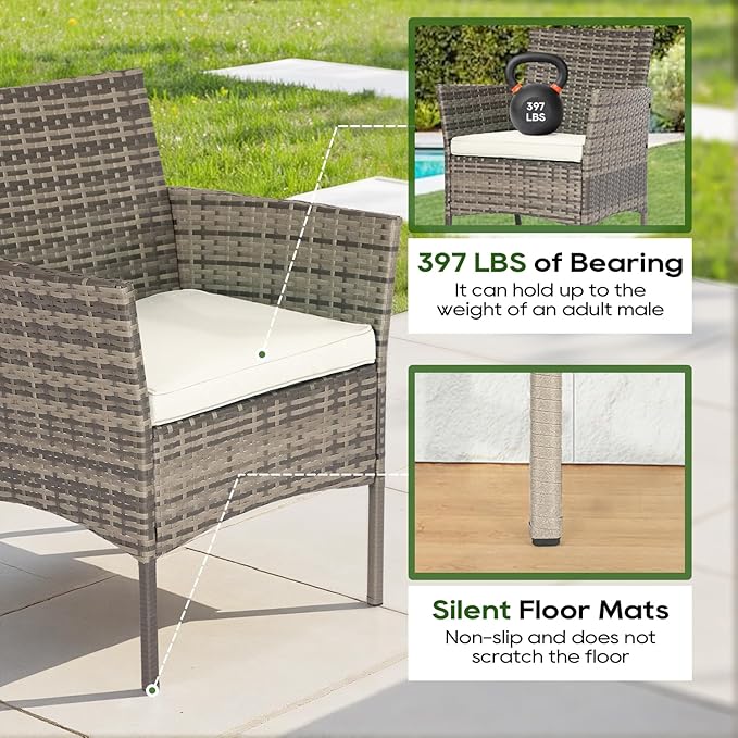 FDW | 3-Piece Patio Furniture Set | Gray & Khaki | Outdoor Wicker Furniture - Image 4