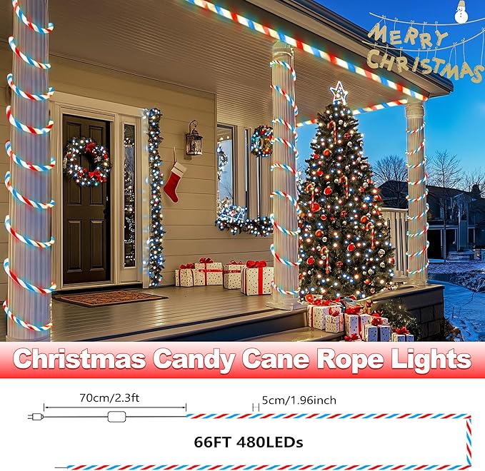Jnaurb Christmas Candy Cane Lights, 66ft 480 LED Connectable White & Red & Blue - Image 6