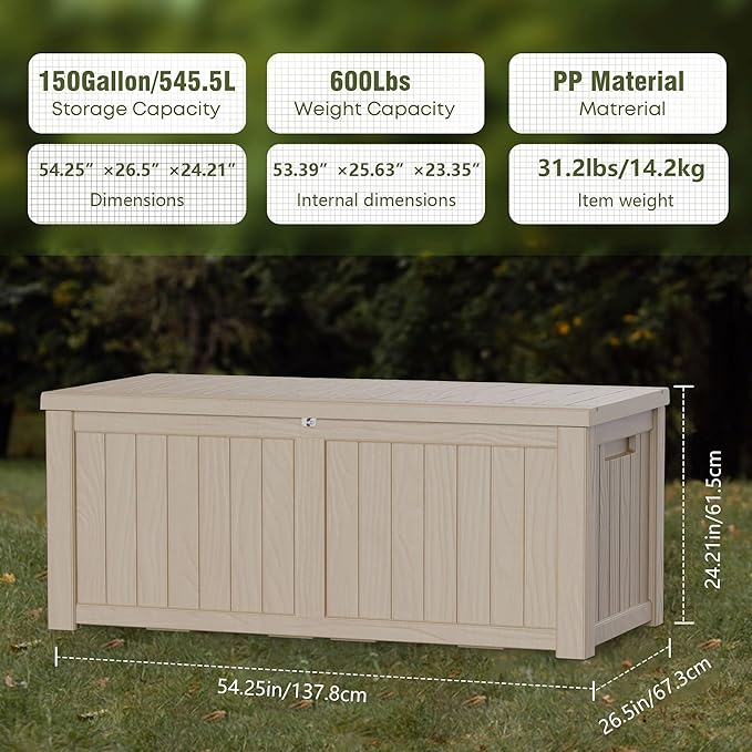 TARKARI 150 Gallon Lockable Resin Deck Box, Waterproof & UV-Resistant Outdoor - Image 2