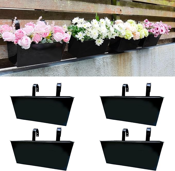 LaLaGreen Rail Planter Box Large Black Metal Hanging Flower Pots, Rectangle by L%C3%A1L%C3%A1Green