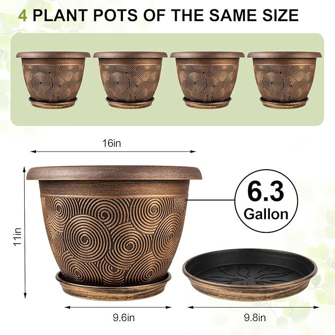 16 Inch Large Planter Pot for Plants Indoor Outdoor, 4 Pack Plastic Flower Pots - Image 4