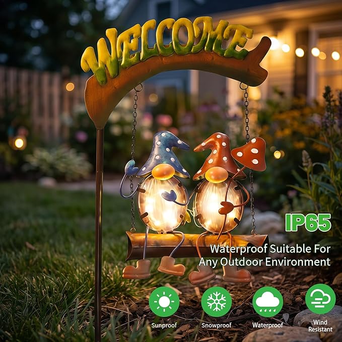 HONGLAND Gnomes Garden Decor Solar Lights, 48 Inch Welcome Sign Swing Yard - Image 3