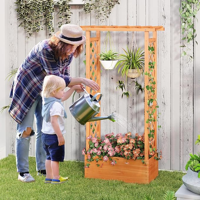 Giantex Raised Garden Bed with 2-Sided Trellis & Hanging Roof, Fir Wood Planter - Image 2