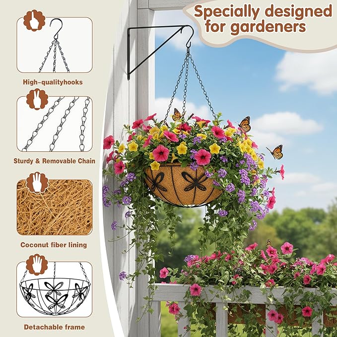 14 inch Metal Hanging Baskets For Plants Outdoor 4 Pack Round Metal Wire - Image 6