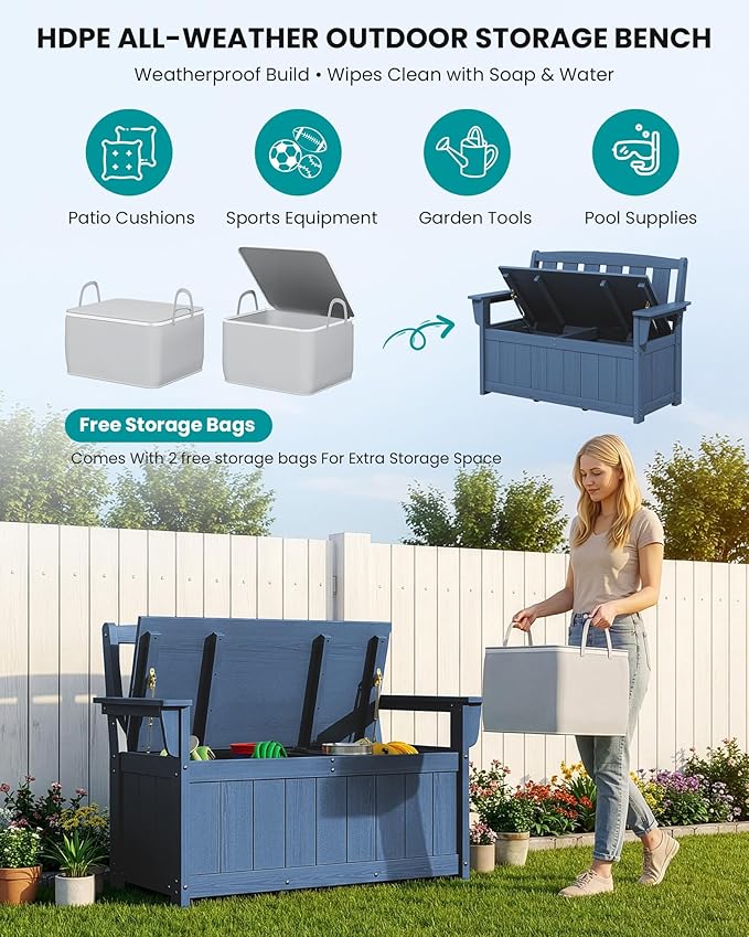 SERWALL HDPE Outdoor Storage Bench, All-Weather, UV-Resistant Deck Box - Image 8