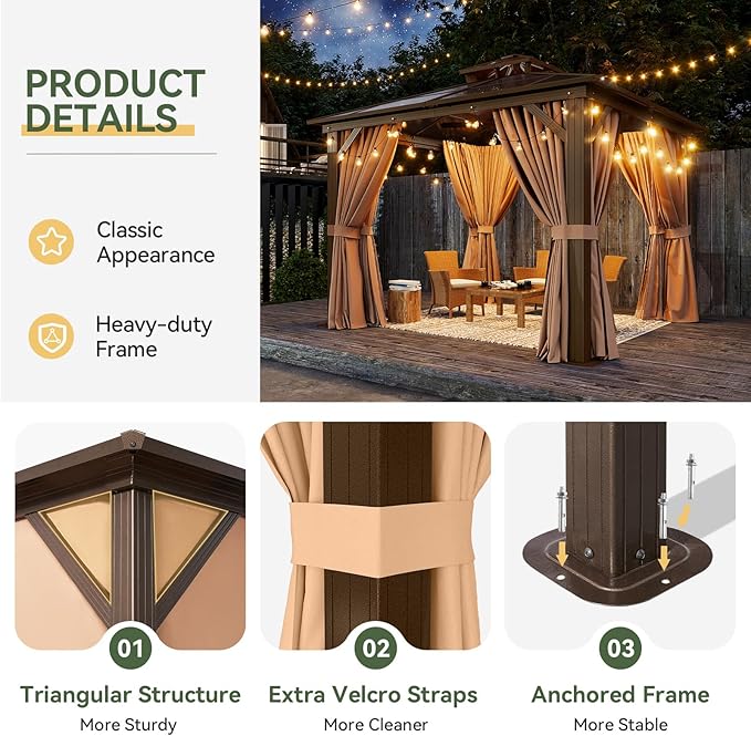 Aoxun 10'x10' Hardtop Gazebo, Outdoor Polycarbonate Double Top Canopy, Aluminum - Image 5