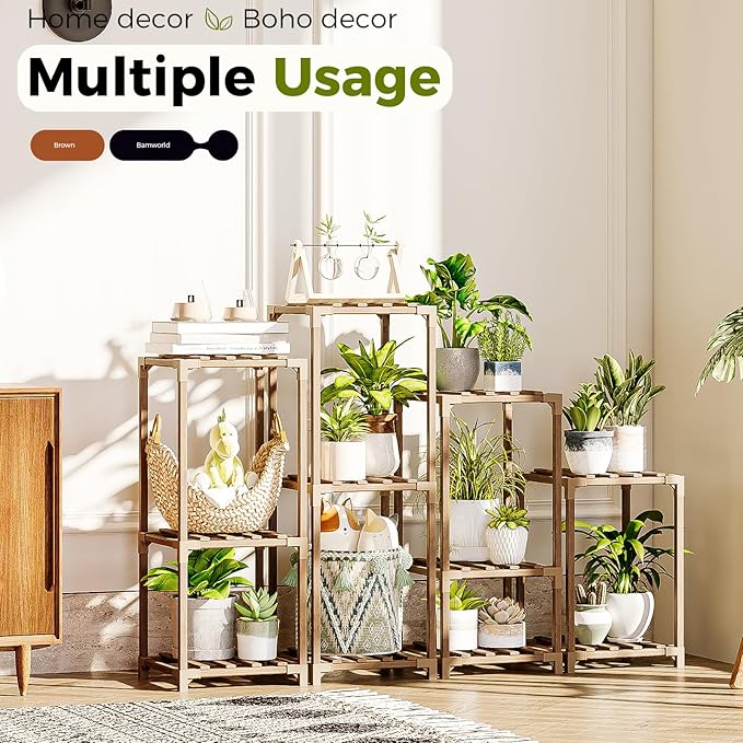 Bamworld Plant Stands Indoor 4 Sets Plant Shelves Outdoor Wooden Plant Holder - Image 2