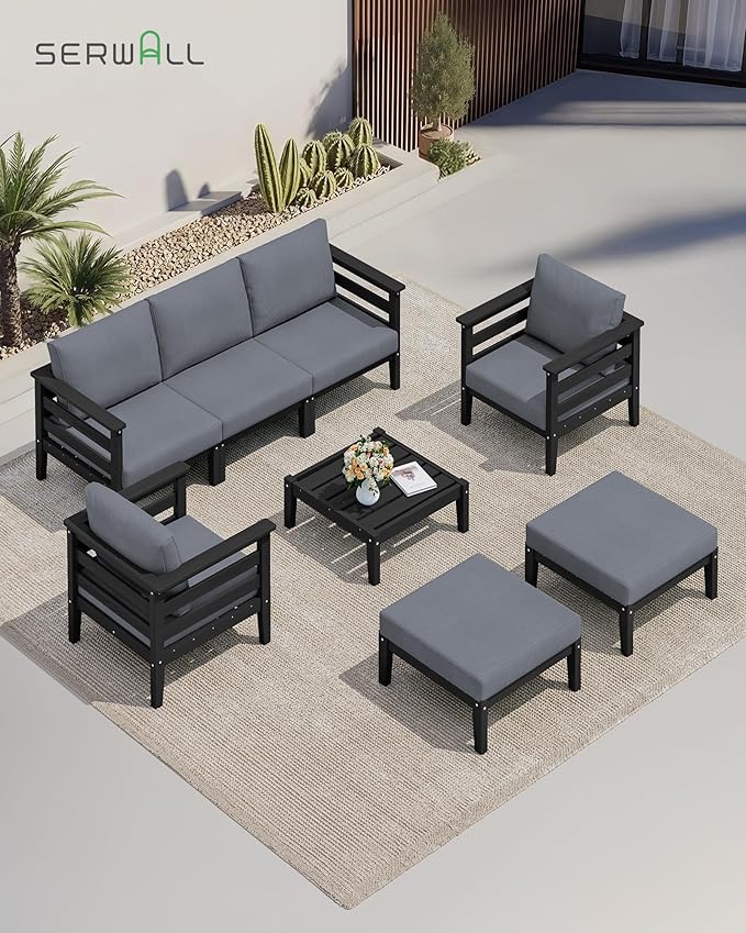 SERWALL HDPE Patio Furniture Set, 6 Pieces Outdoor Sectional Sofa Set, - Image 8
