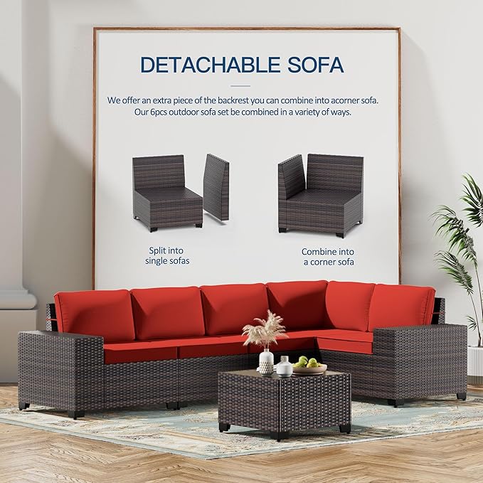 Kullavik 6PCS Outdoor Patio Furniture Set PE Wicker Rattan Sectional Sofa Patio - Image 5