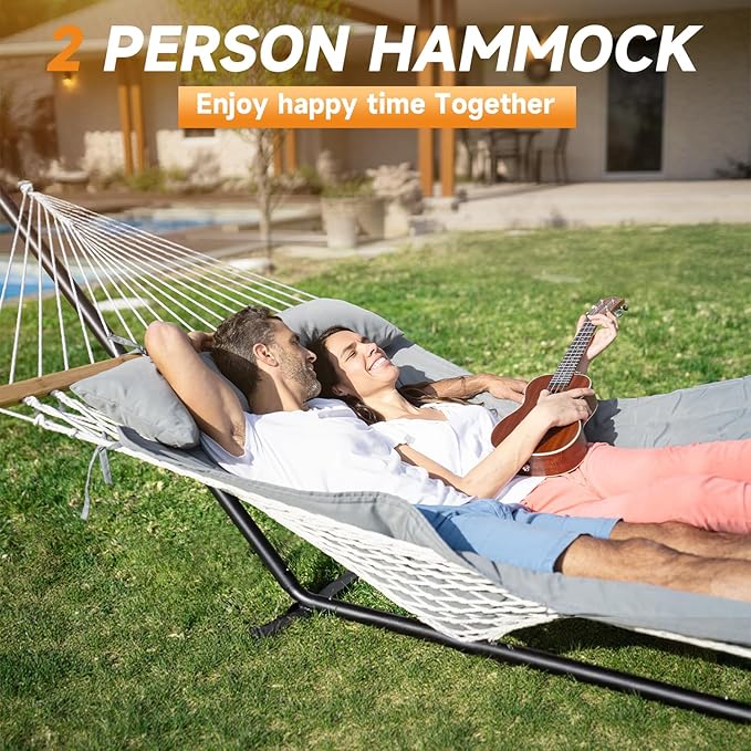 2 Person Outdoor Hammock with Stand, Cotton Rope Hammock with Polyester Pad - Image 4