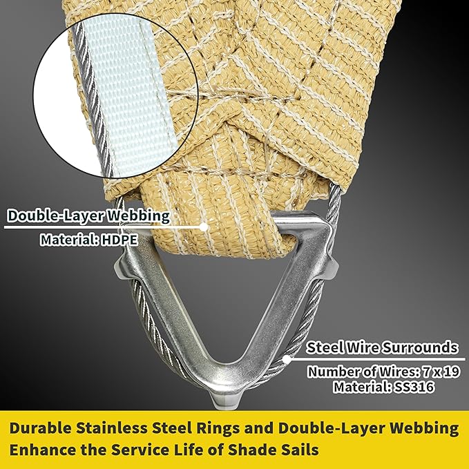 ShadeMart Heavy Duty 12' x 16' Beige Sun Shade Rectangle Pro Ring Shade Sail - Image 3