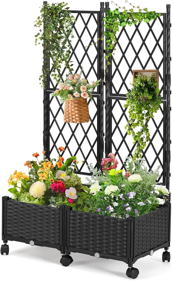 Planter Box with Trellis, 4ft Tall Self-Watering Plastic Raised Garden Beds and by follook