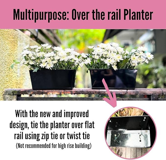 LaLaGreen Rail Planter Box Large Black Metal Hanging Flower Pots, Rectangle - Image 5
