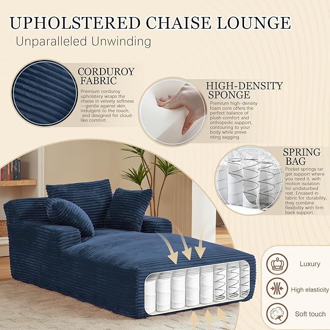 80 Inch Chaise Lounge Chair Indoor, Oversized Corduroy Upholstered Boneless - Image 3