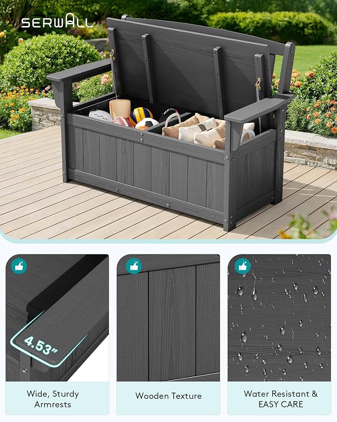 SERWALL HDPE Outdoor Storage Bench, All-Weather, UV-Resistant Deck Box - Image 6