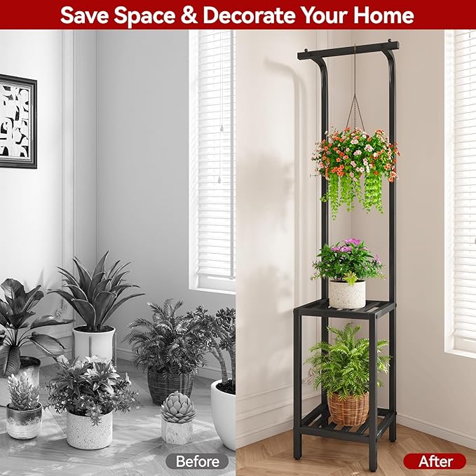 IBUYKE 67 Inch Tall Plant Stand Indoor Outdoor, 3 Tier Metal Hanging Plant Shelf - Image 7