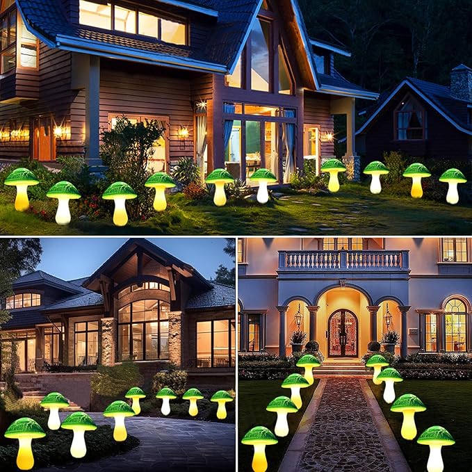 Solar Mushroom Lights Garden Decor 8 Green Crack Mushrooms Outdoor Decor Stake - Image 6
