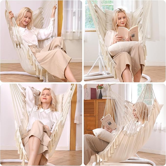 Y- STOP Hammock Chair Hanging Rope Swing, Max 500 Lbs, 2 Cushions Included - Image 6