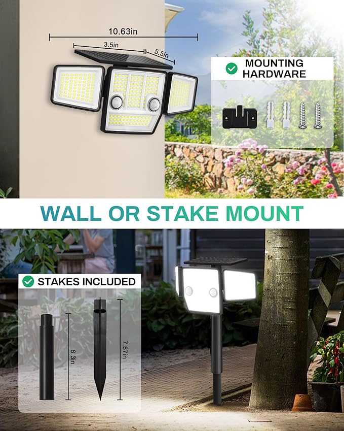 Solar Outdoor Lights with Stakes, 2500LM 180° PIR Motion Sensor, 360° Wide - Image 3