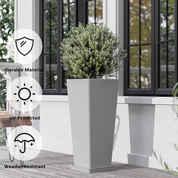Tall Planters for Outdoor Plants Set of 2, 23.6" Large Taper Flower Plant Pots - Image 3