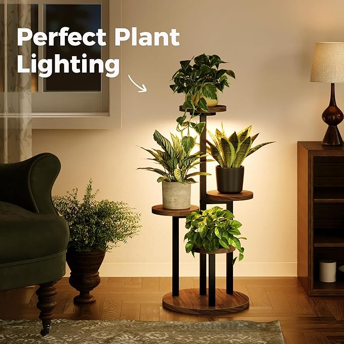 Bamworld Plant Stand with Grow Lights Indoor Plant Stand Tall Metal Wood Plant - Image 2