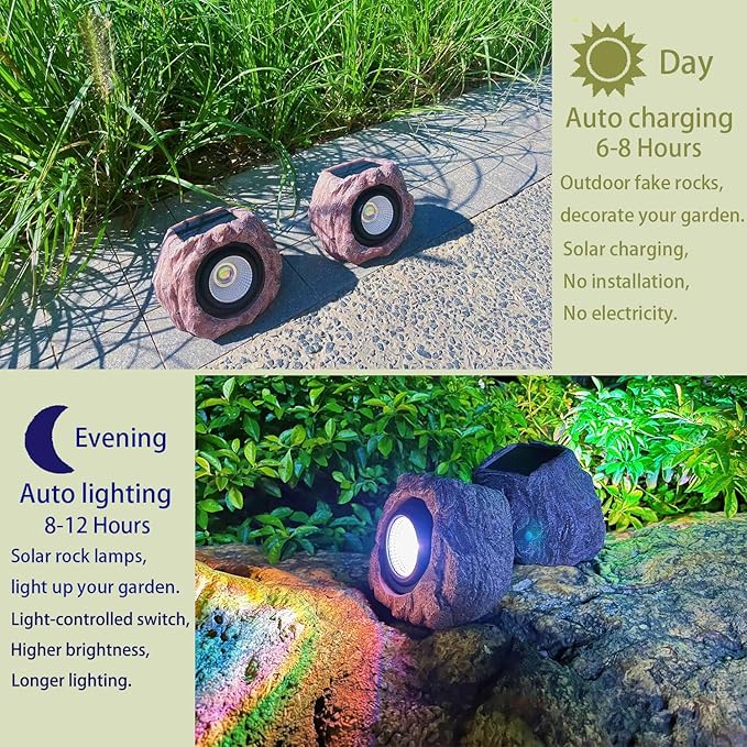 Solar Rock Lights Outdoor Waterproof, 2 Pack LED Colored Garden Rock Solar Light - Image 6
