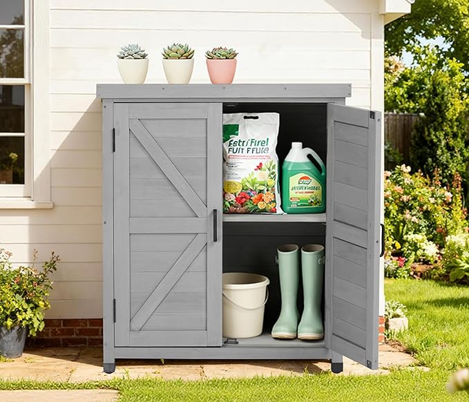 Outdoor Potting Bench with Storage Cabinet and Metal Top, Wood Workstation - Image 2