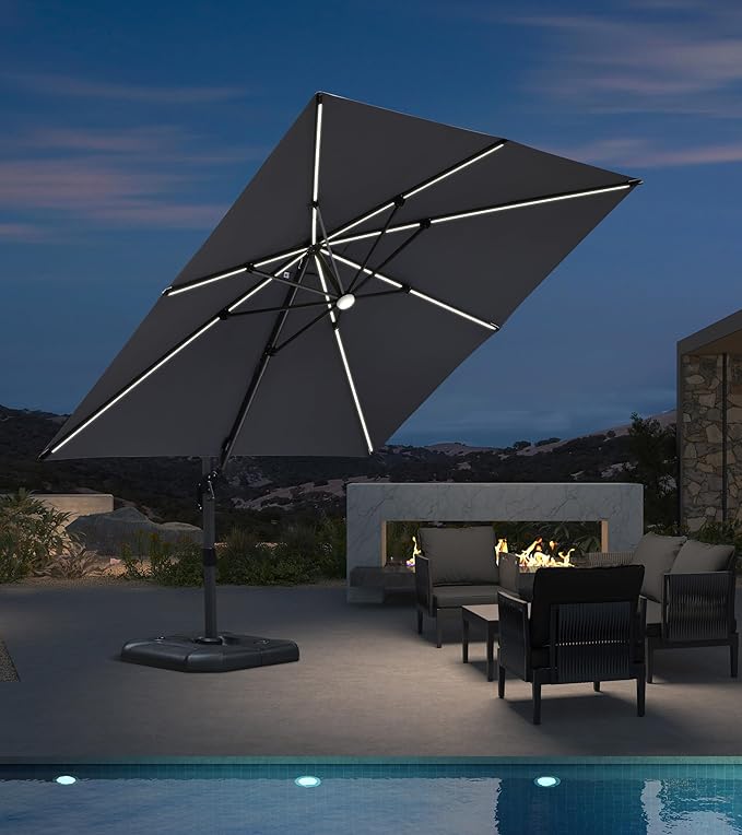 PURPLE LEAF 10 Feet Patio Umbrella Outdoor Cantilever Solar Powered LED Square by PURPLELEAF