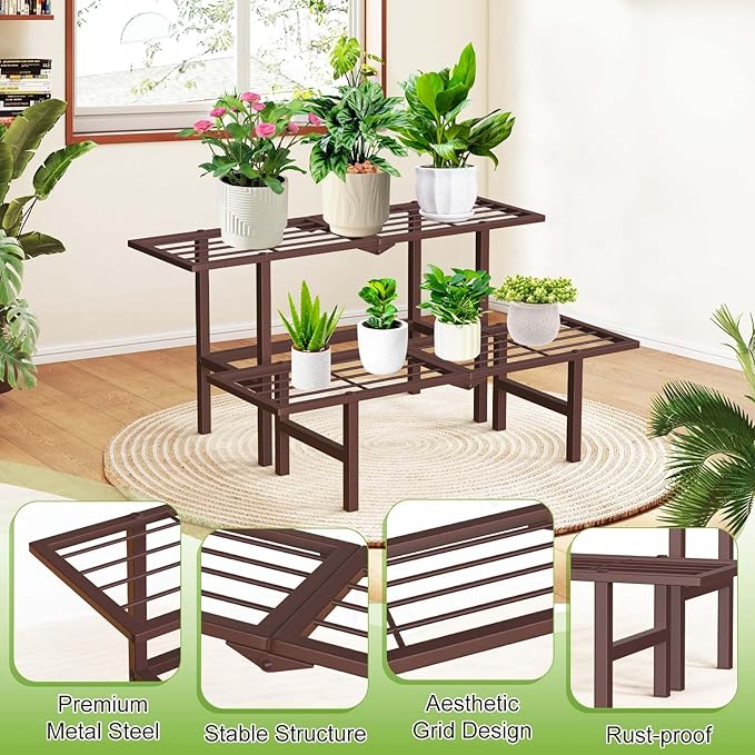 2 Tier Plant Stand Indoor Outdoor, Foldable Metal Separated Ladder Plant Stands - Image 3