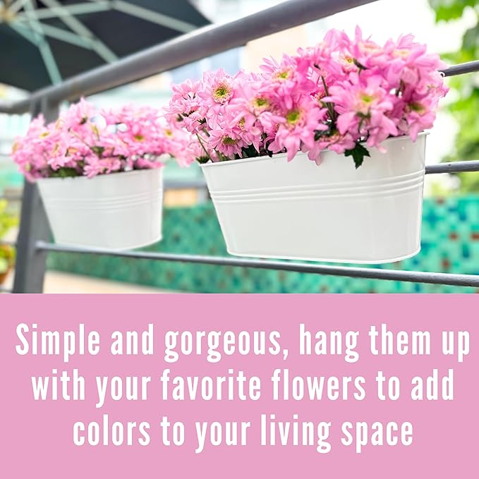 LaLaGreen Planter Boxes Outdoor White Metal Iron Hanging Flower Pots Deck - Image 3