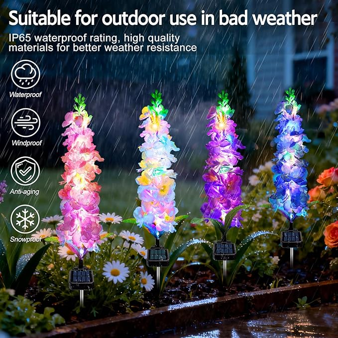 Solar Garden Lights, Solar Delphinium Flowers Lights 4 Pack 80 LEDs, Waterproof - Image 5