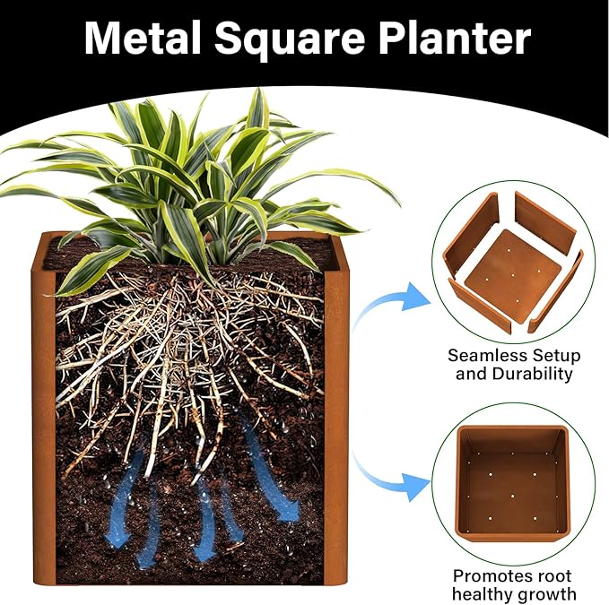 Corten Steel Planter Box 26" L x 26" W x 26" H, Large Metal Square Planter - Image 3