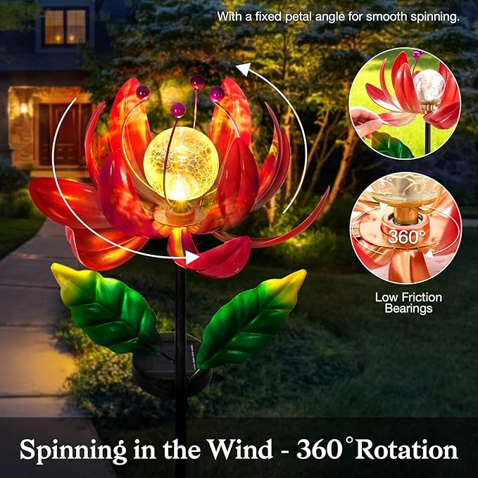 Solar Lights Outdoor Wind Spinners, Metal Lotus Flower Garden Decor - Image 5