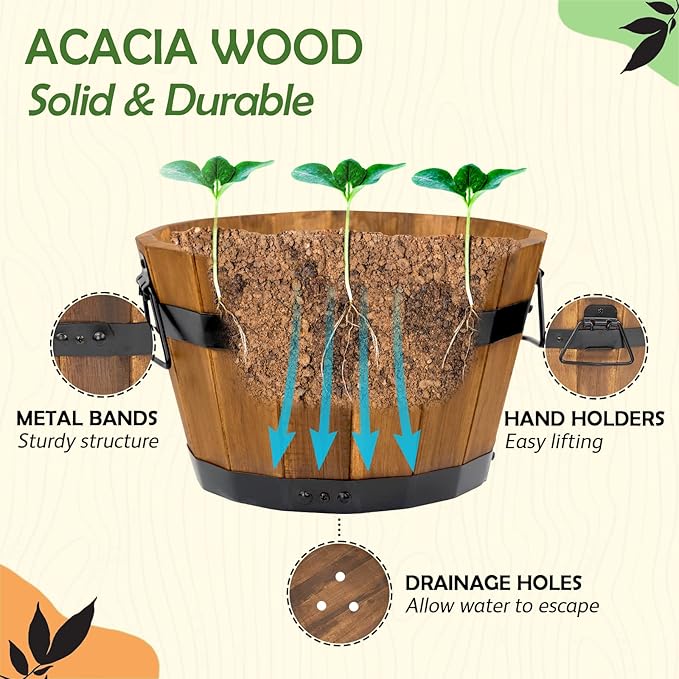 Idzo Set of 3 Wooden Flower Boxes Outdoor, Durable Acacia Wood Barrel Planters - Image 5