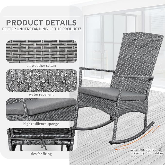 Outdoor Rocking Chair 3 Pieces High-Backed Rocking Chair Patio Rocking Chairs - Image 4