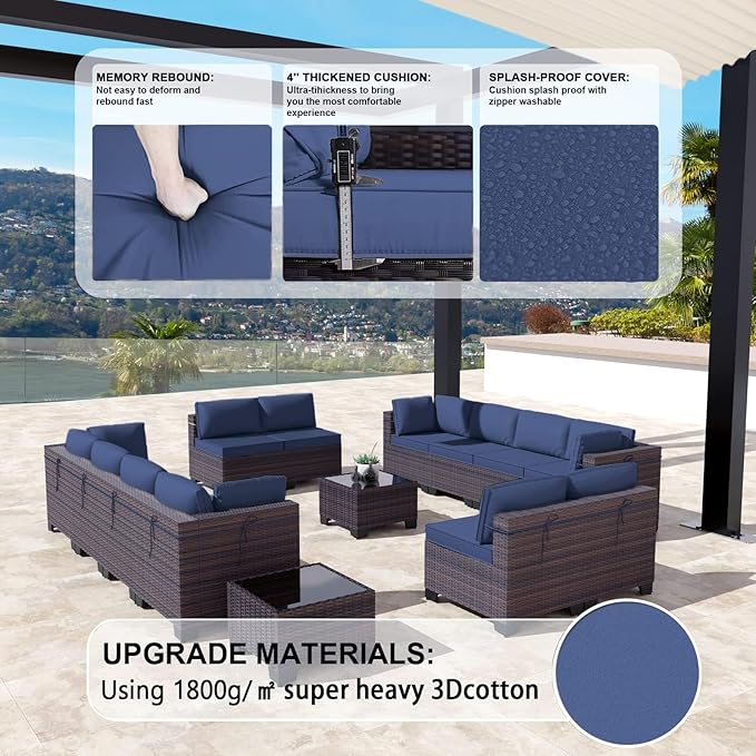 Kullavik 14 Pieces Outdoor Patio Furniture Set PE Wicker Rattan Sectional Sofa - Image 2